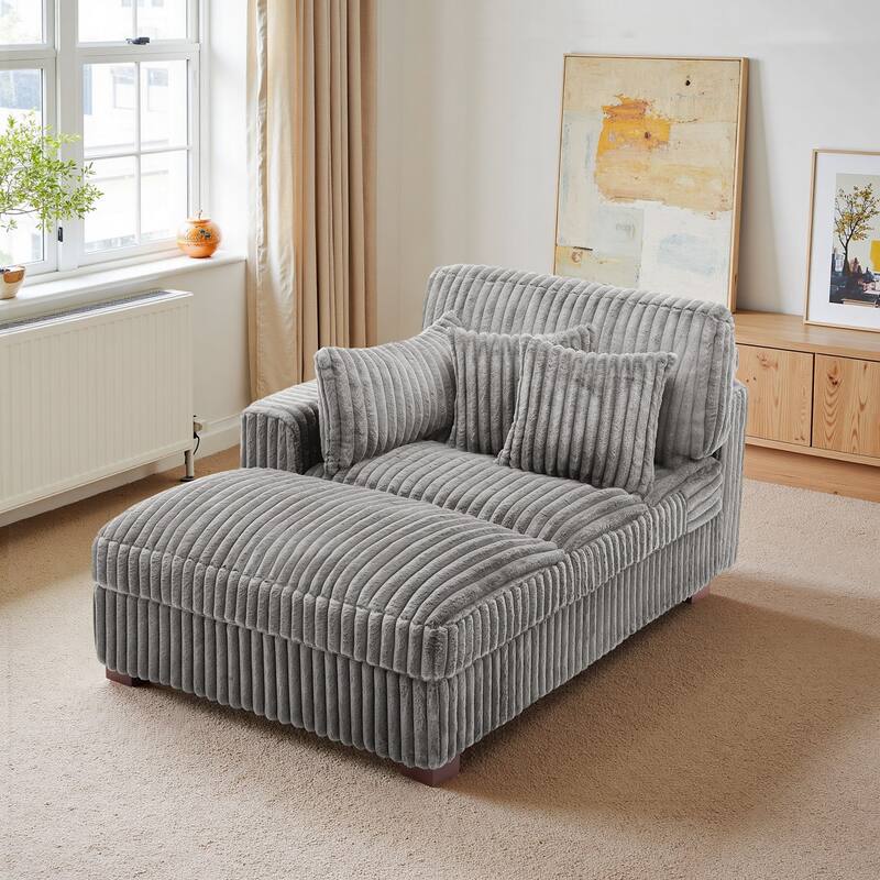 Modern Indoor Chaise Lounge Couch with Pillows - Light Grey - Right Facing