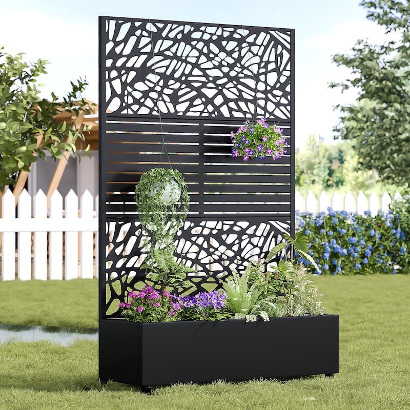 Metal Movable Planter Box with Trellis Privacy Screen Planter Box with Lockable Wheels