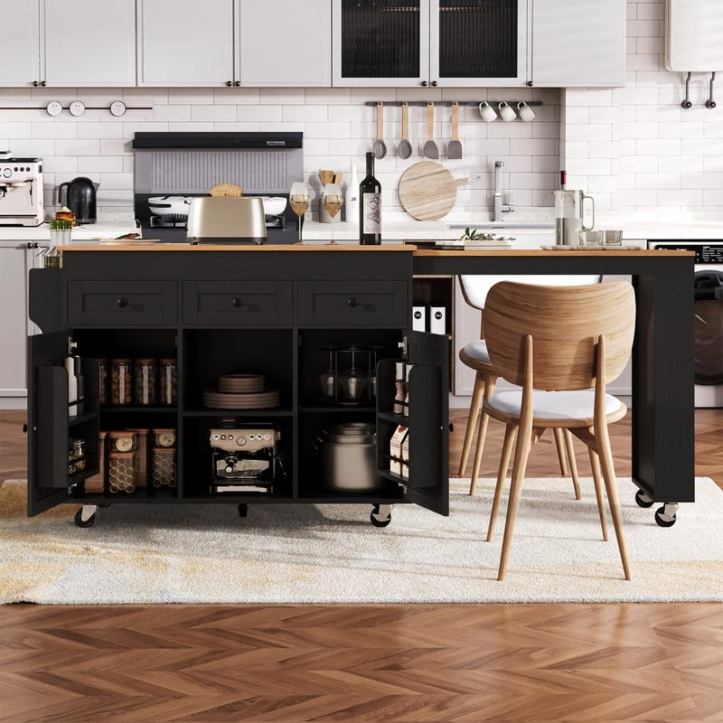 85.5" Kitchen Island with Extendable Dining Table, Rolling Kitchen Island with Sotrage Shelves, Drawers and Power Outlet