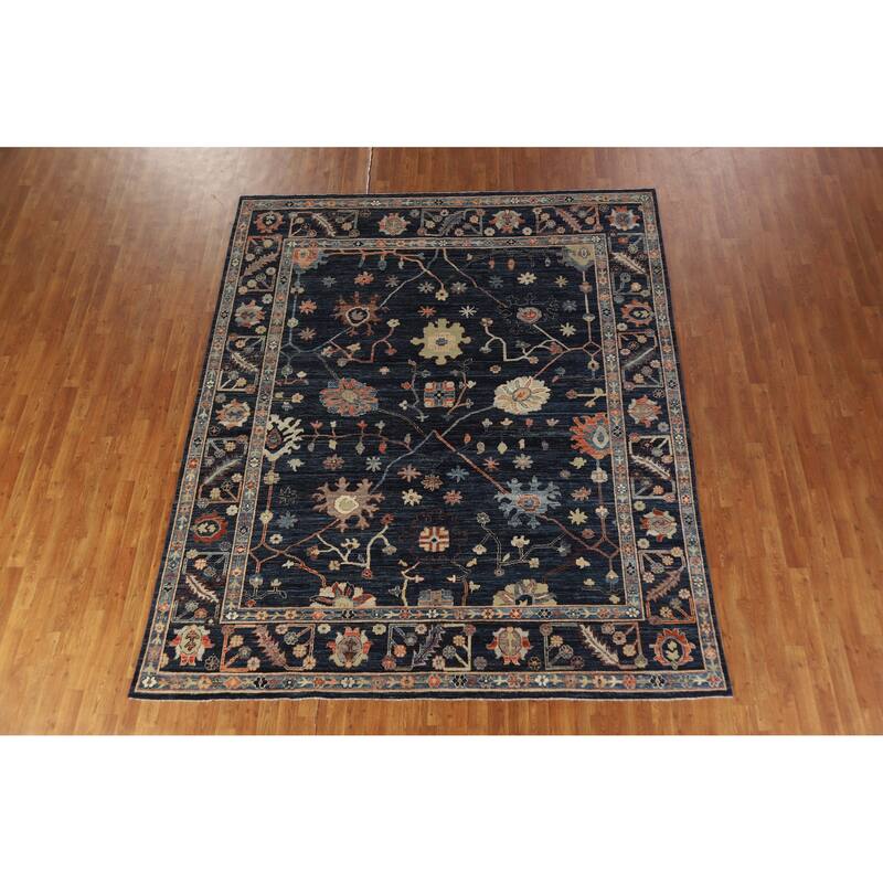 Hand Knotted Oriental 100% Wool Carpet Transitional All-Over Navy Blue & Blues Oushak Area Rug - 9' 9'' X 8' 2''