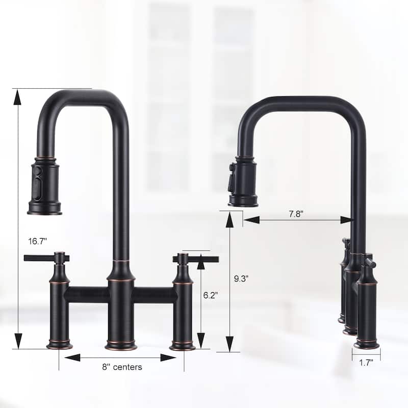 WOWOW Double Handle Bridge Kitchen Faucet with Advanced Spray