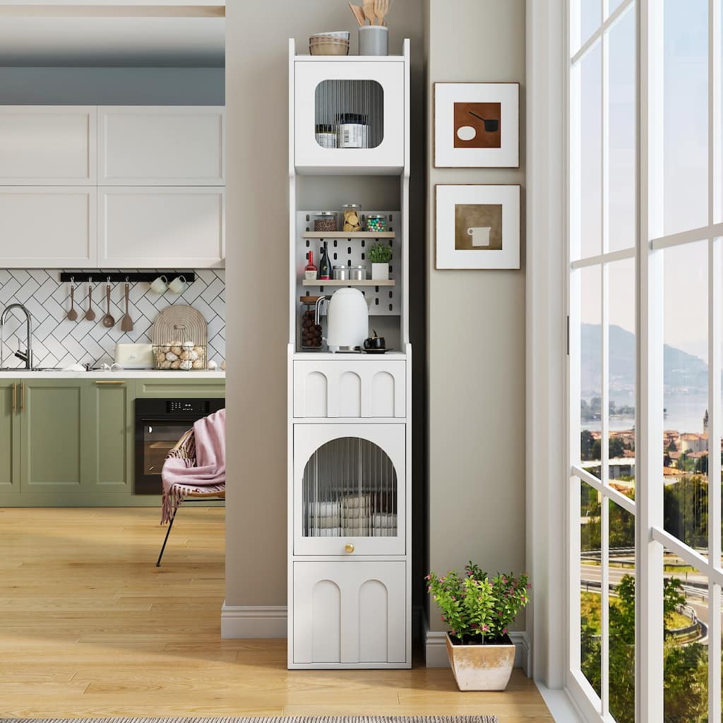 Roomfitters Tall Sideboard Storage Cabinet with Glass Doors, Pegboard, and Drawers, Display Cabinet, White