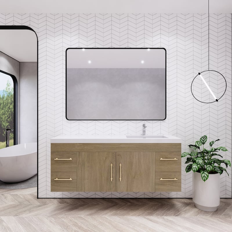 Eliza 60'' Wall Mounted Vanity with Single Sink on the Right - 60'' Width Right Single Sink - White Oak