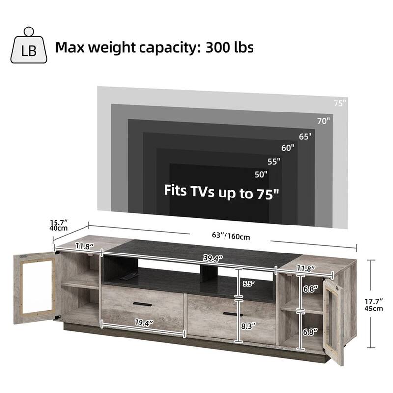TV Stand for 50 to 70 Inch TV W/ Power Outlet & Led Lights Grey - 62 inches