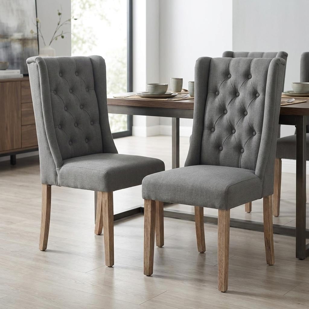 HomeRoots Tufted Gray and Brown Upholstered Linen Wing Back Dining Side Chair - 22.00 in. x 40.50 in. x 20.30 in.