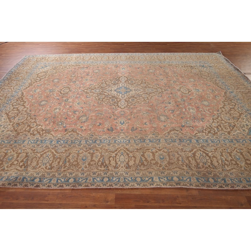 Distressed Mashad Persian Vintage Rug Hand-Knotted Pink Wool Carpet - 9'7"x 12'10"