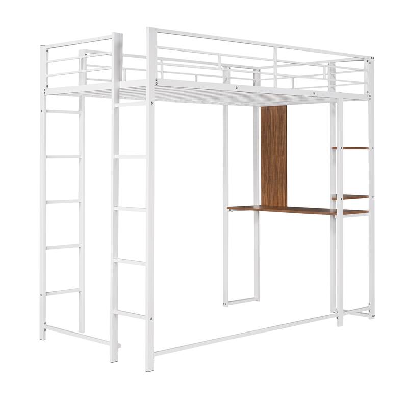 Twin Size Metal Loft Bed with Desk and 2 Shelves, White Finish, Sturdy Frame