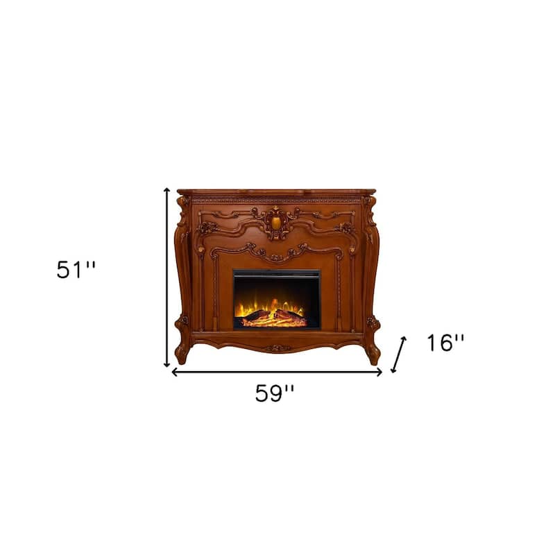 59" Brown Wood Ornate Carved Scrollwork Electric Fireplace With Mantle