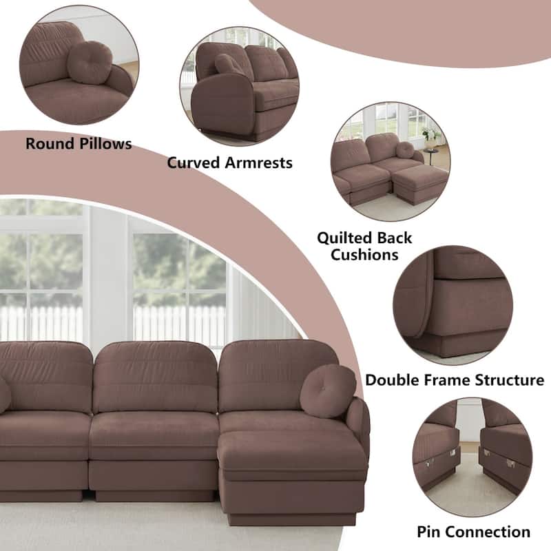 105" Chenille Sectional Sofa with 2 Round Pillows and 2 Movable Ottomans