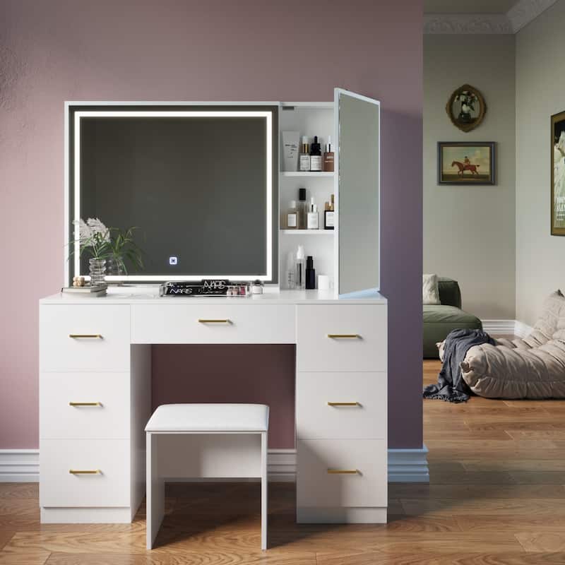 Vanity Set with Lighted Mirror,Extra Large Mirror Makeup Vanity Table with 7 Drawers,white
