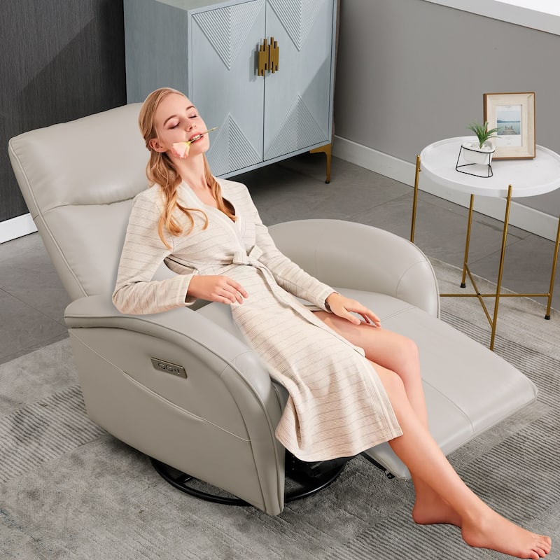 Genuine Leather Power Recliner Chair, 270° Swivel Rocker, USB, Type-C