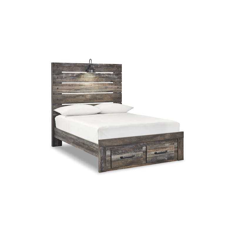 Drystan Rustic Brown Panel Bed with Footboard Storage Drawers