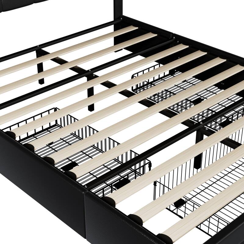 VECELO Bed Frame with Storage Drawers, Leather Upholstered with Diamond Tufted Headboard, Solid Wood Slat Support