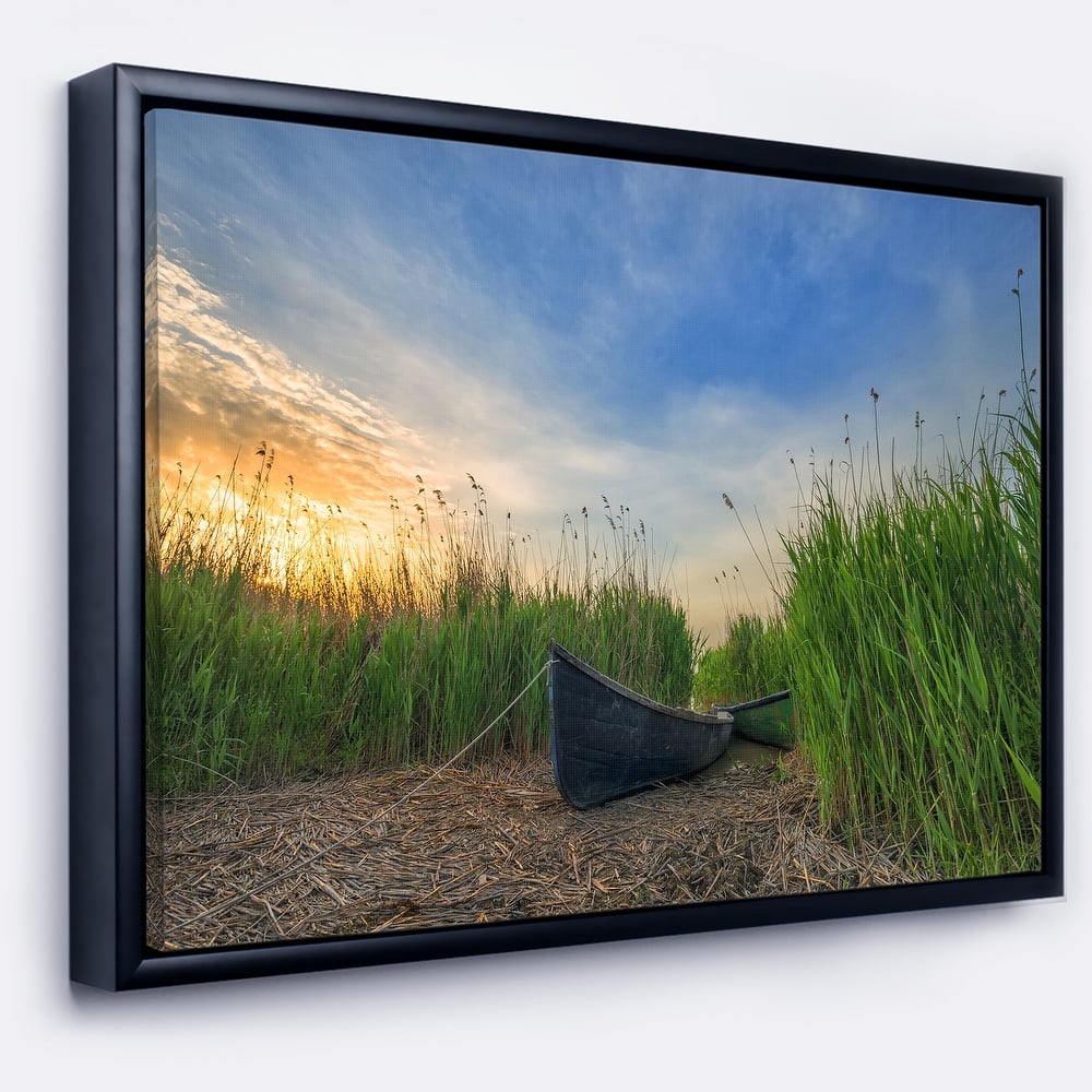 Designart "Old Fisher Boat Near Lake" Landscape Photography Framed Canvas Print