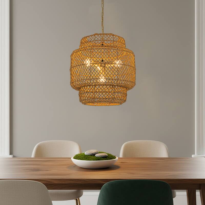 Clair 4-Light Rattan Hemp Tiered Pendant, Coastal Boho - Handwoven - 20" Wide