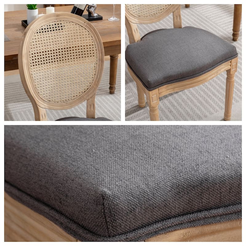 Antique Painting Linen Fabric Rattan Back Dining Chair Set of 2 - 23.00"L * 19.30"W * 37.8"H