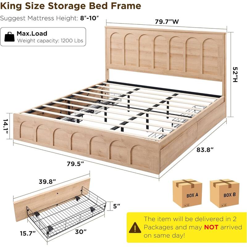 Modern King Size Bed Frame, 52" Tall Arched Recessed Headboard