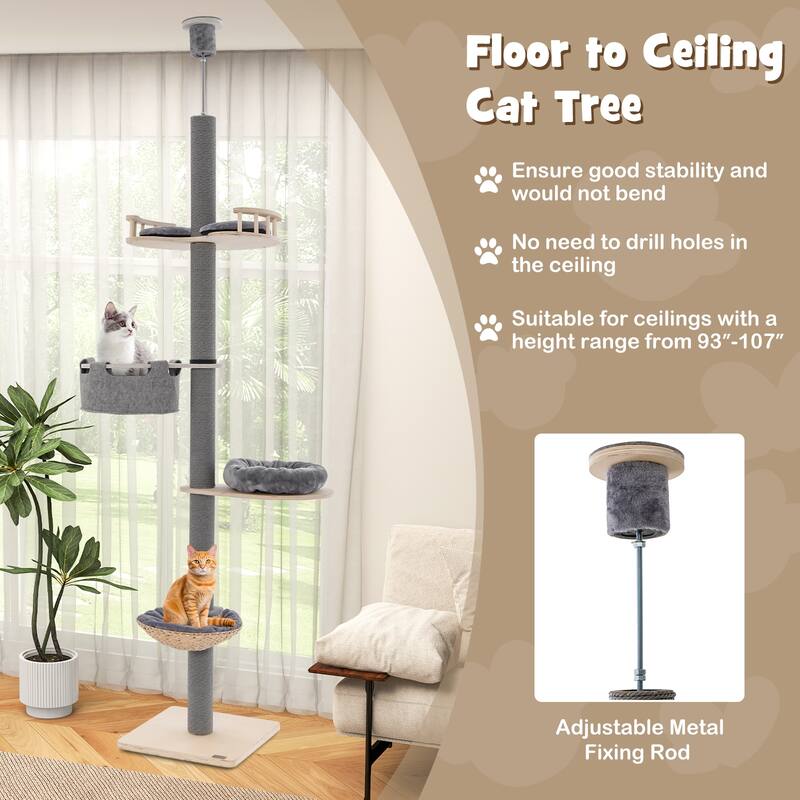Floor to Ceiling Cat Tree with 93 Inch-107 Inch Adjustable Height