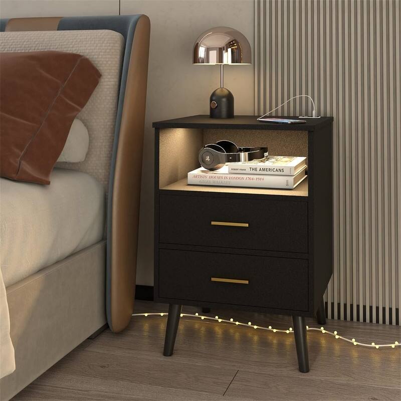 Nightstand with Charging Station - Black