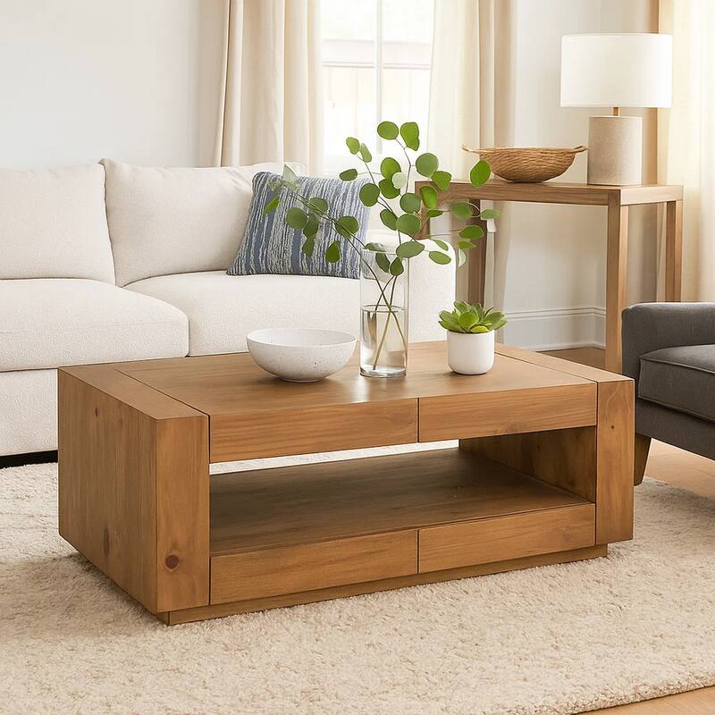 Ayma Coffee Table, 1 Inner Shelf, Brown Oak Wood, Rectangular 50 Inch