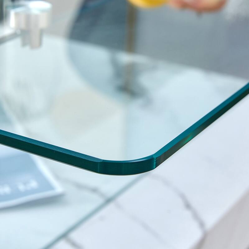 31.4 Inch Modern Two-Tier Square Coffee Table - An Elegant Combination of Clear Glass and White Marble Pattern Sticker.I