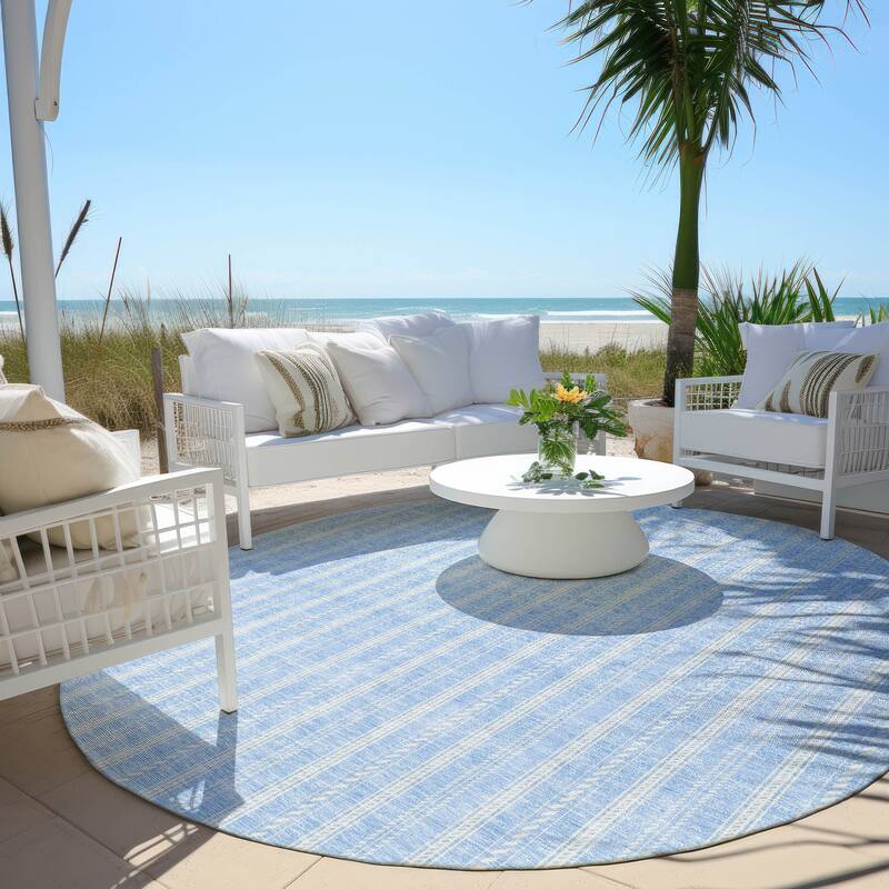 Machine Washable Indoor/ Outdoor Chantille Stripe Twist Rug - Sky - 8' x 8'