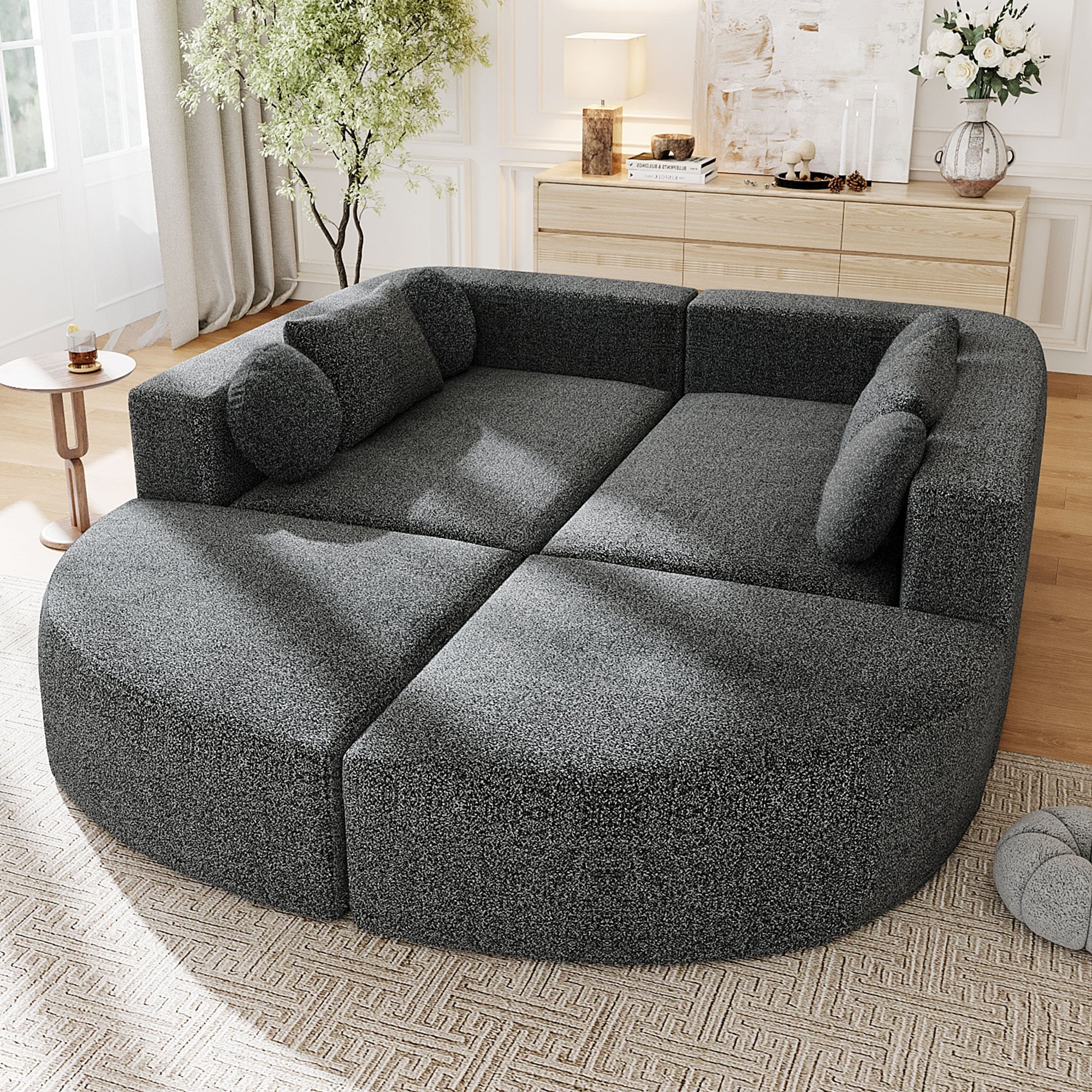 Curved Modular Sectional Boneless Upholstered Sofa Convertible Sleeper Sofa Bed, Free Combination, Boucle Deep Seating Sofa