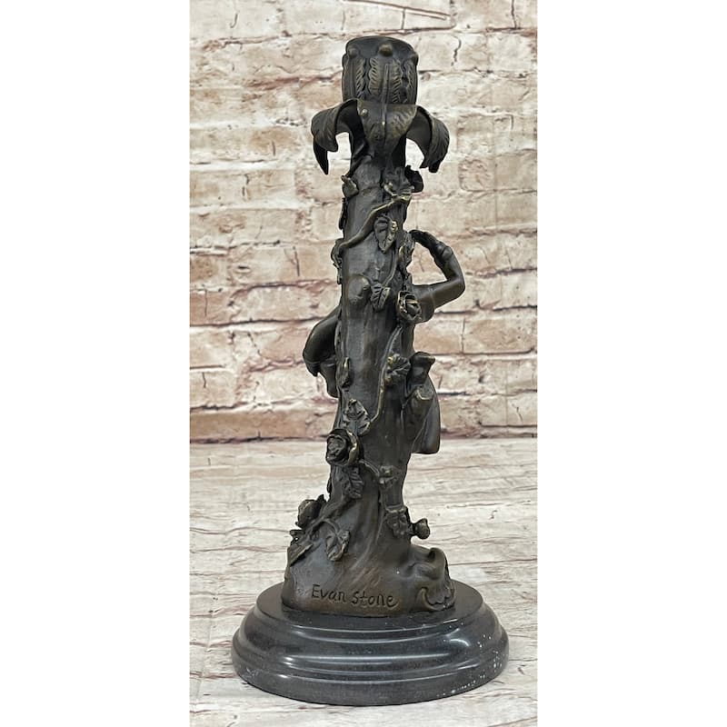 Signed Original Evan Stone Colonial Man Holding Flower Bronze Candle Holder Statue