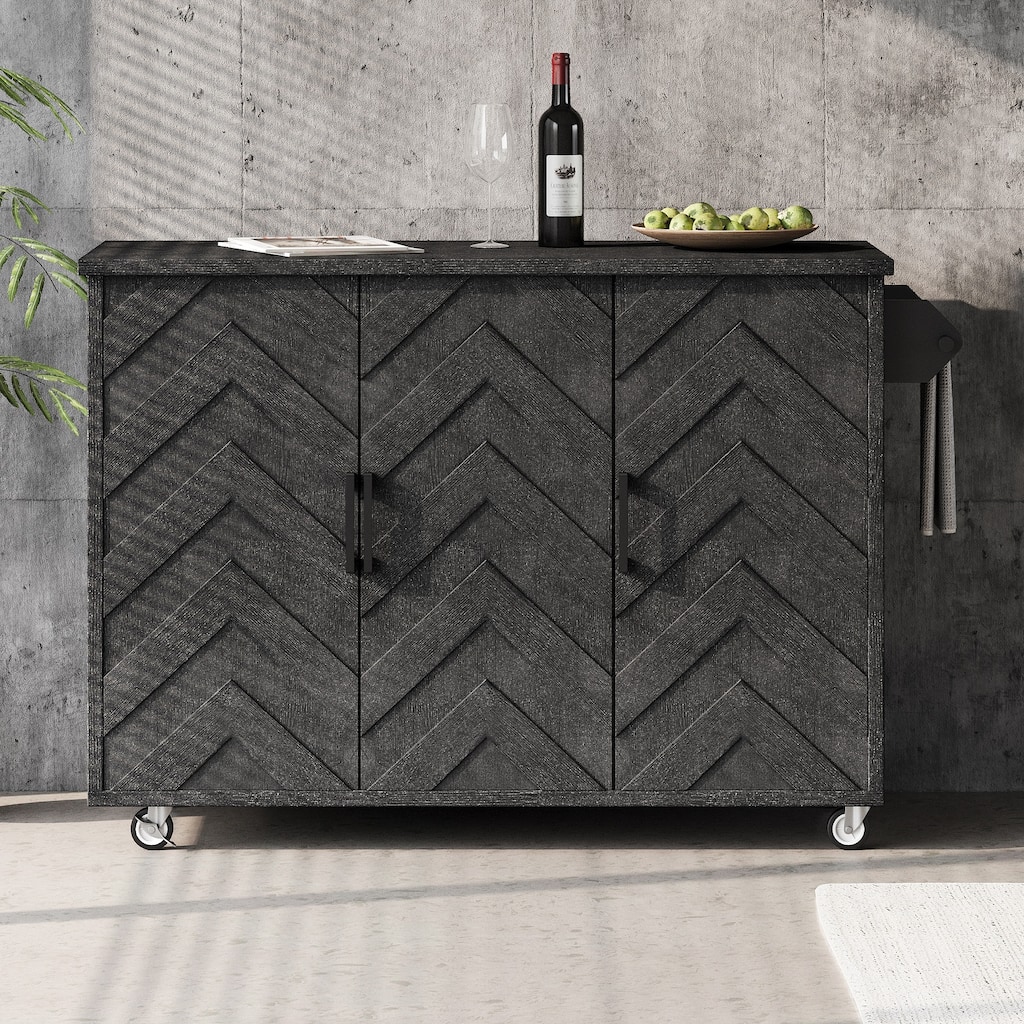 51.2"W 3D Wave Stripes Ash Veneer Kitchen Island with Drop Leaf,Internal Storage Rack