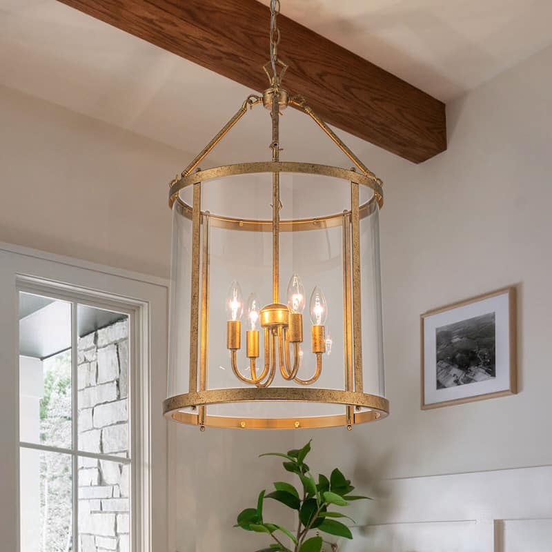 4 - Light Farmhouse Lantern Glass Drum Chandelier for Entryway - Clear Glass - Antique Gold