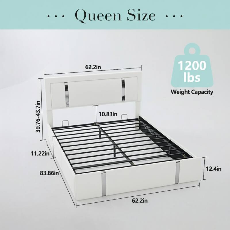 Queen Bed Frame with Adjustable LED Lights Headboard, USB-C Charging Ports, Upholstered Platform Bed, Metal Slats Support