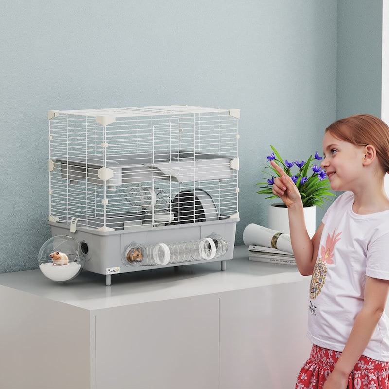 PawHut 2-Tier Hamster Cage, Hamster Habitat with Sand Bathroom, Running Wheel, 17.5" x 11" x 17"