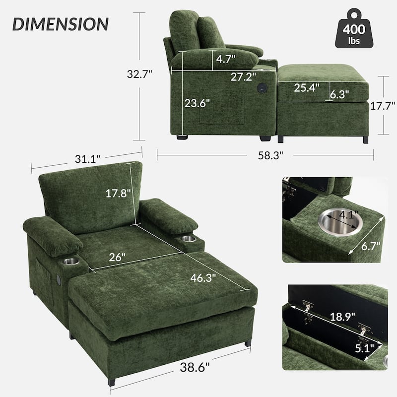 Modern Oversized Chaise Lounge Chair with Ottoman, Chenille Fabric Sofa Bed, Single Accent Chair with Cupholders, USB Ports