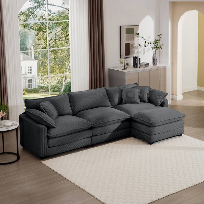 L-shaped Chaise Sectional Sofa with Ottoman and Double Cushions - Grey
