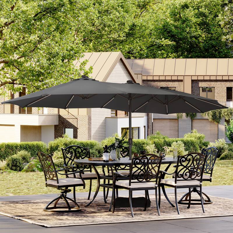 Clihome 15Ft Outdoor Solar Lights Rectangular Crank Market Umbrella, with Base - Grey