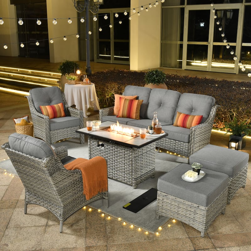 XIZZI 6-piece Rattan Wicker Outdoor Furniture Deep Seat Sofa Set with Fire Pit - Dark Grey