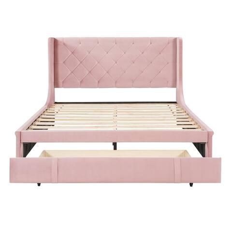 Queen Size Upholstered Platform Bed with Footside Drawer&Wingback Headboard, 84.4''L*65''W*45.5''H, 110LBS
