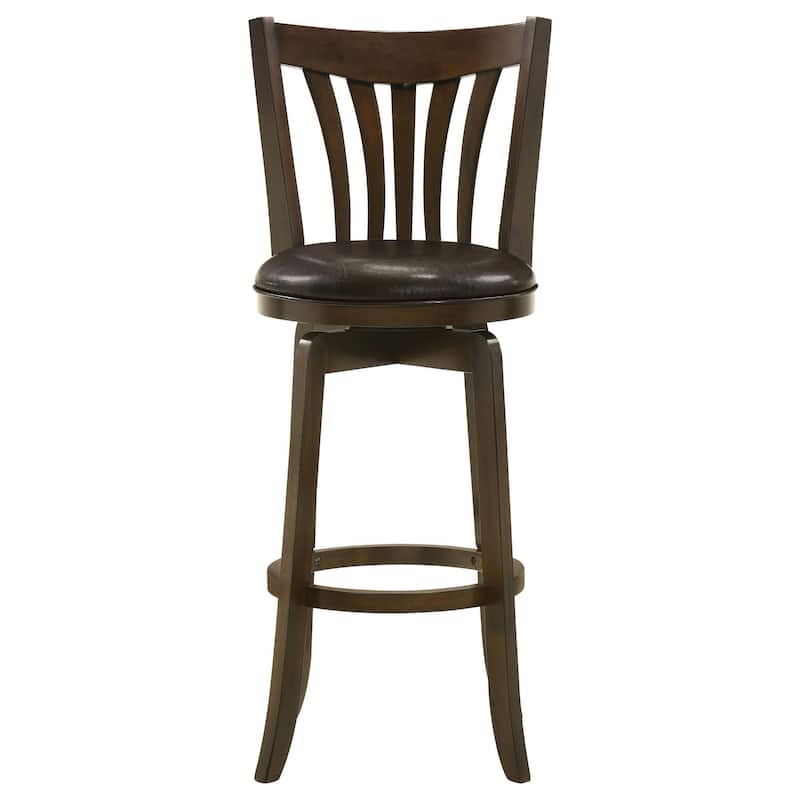 Ethan Swivel Barstool Chair, Dark Brown Faux Leather, Slatted Back Hardwood