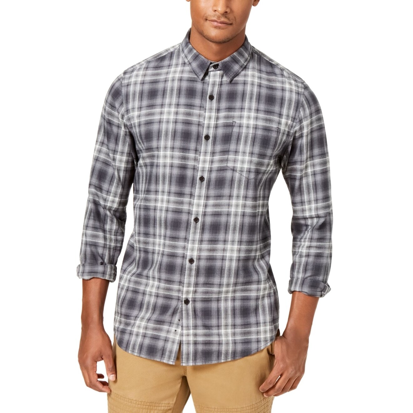 American Rag Mens Plaid Print Button Down Shirt Grays