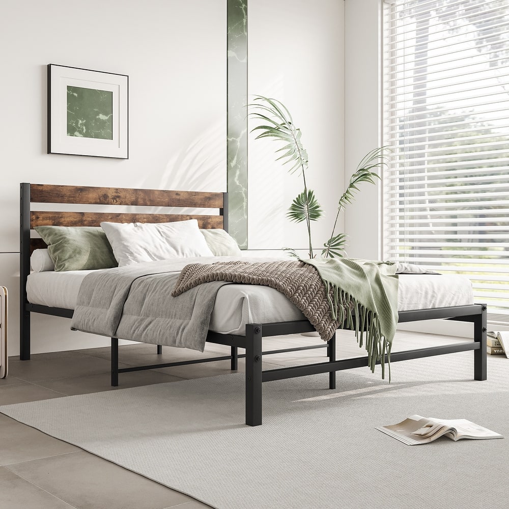 Modern Style Metal Platform Bed with Rustic Vintage Wooden Headboard for Bedroom