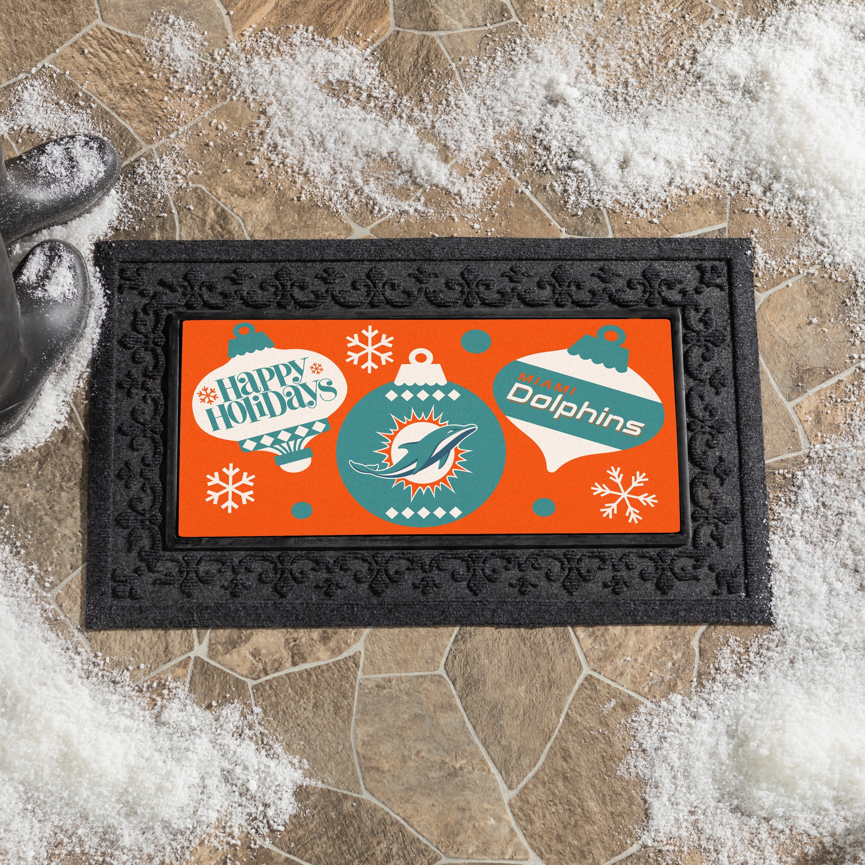 Miami Dolphins Happy Holidays Flocked Coir Sassafras Switch Door Mat - 22" x 10"