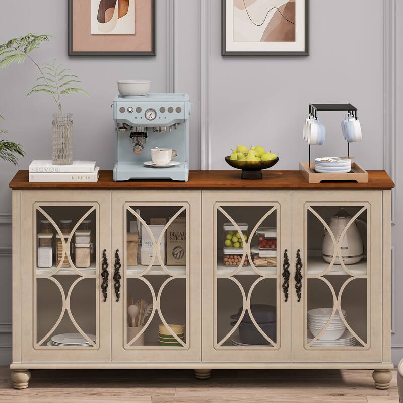 59.45" Antique 4-Door Cabinet with Tempered Glass Doors, Retro Buffets Sideboards, European Hallway Accent Cabinet