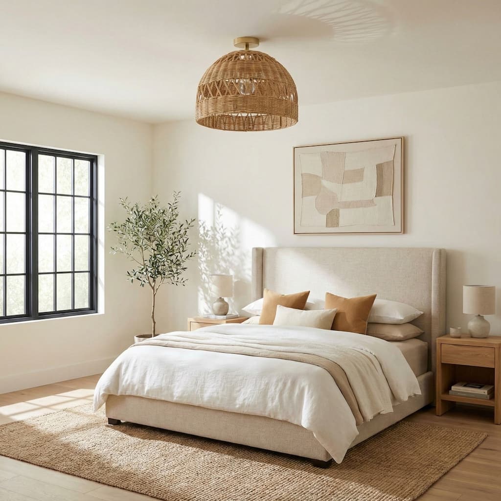 Radiant Rattan Flush Mount Rattan Natural 1-Light Handwoven Ceiling Light for Bedroom or Living Room in Farmhouse, Country Style