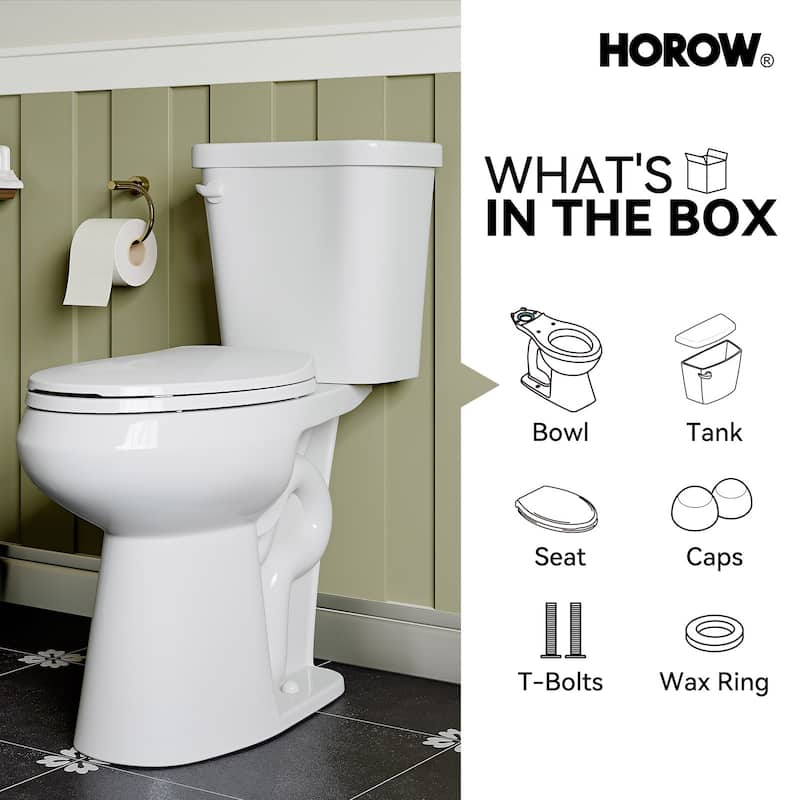 HOROW 19 Inch ADA Tall 2 Piece Dual Flush Elongated Toilet White 1.1 /1.6 GPF Strong Flush Soft Close Seat - 19 Inch