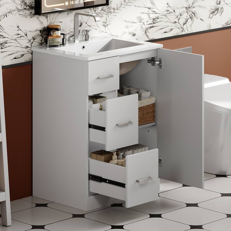 GDFStudio - Elmbrook Modern Bathroom Vanity with Ceramic Sink and 2 Storage Drawers & Soft-Closing Door - 24'W