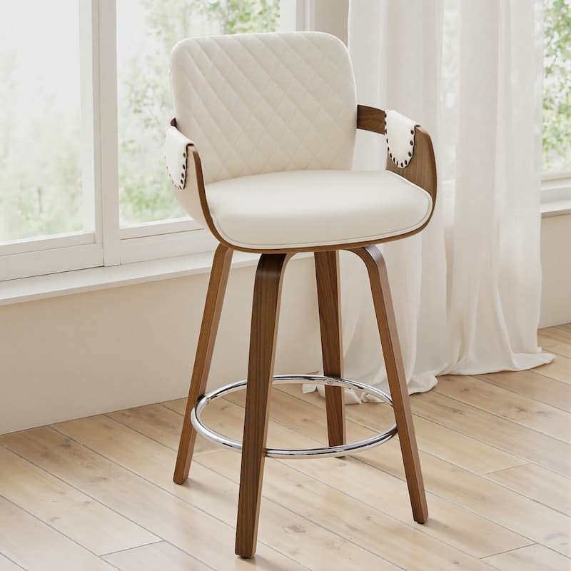 26-Inch Upholstered Swivel Counter Height Bar Stool with Armrests - 36.6"H x19.5"W x 21.3"D - Single - Cream White
