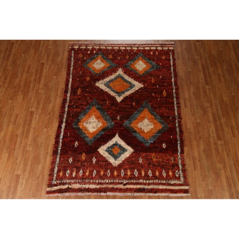 Hand Knotted Oriental 100% Wool Carpet Modern Tribal Red Moroccan Area Rug - 8' 9'' X 6' 4''