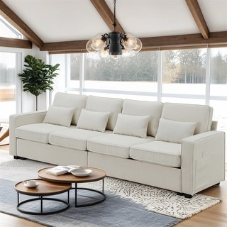 4-Seater Modern Linen Fabric Sofa with Armrest Pockets and 4 Pillows ...