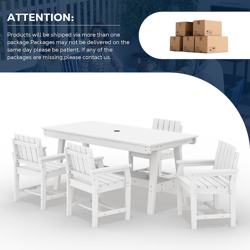 HDPE Patio Dining Set with Rectangular 67.91in W Table with Umbrella Hole and 4 Chairs - N/A