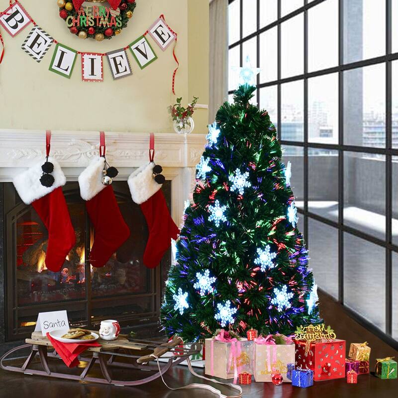 Costway 5' Pre-Lit Fiber Optic Artificial Christmas Tree w/Multi-Color - 5 FT - Green - 5 Foot